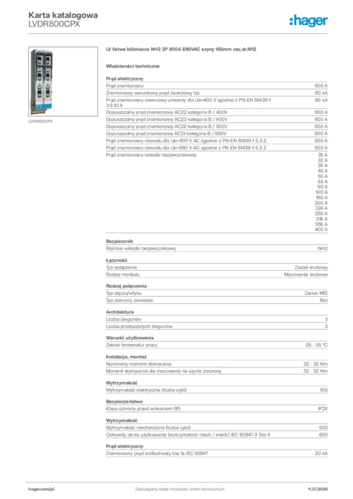 Zdjęcie Hager Karta katalogowa LVDR800CPX | Hager Polska