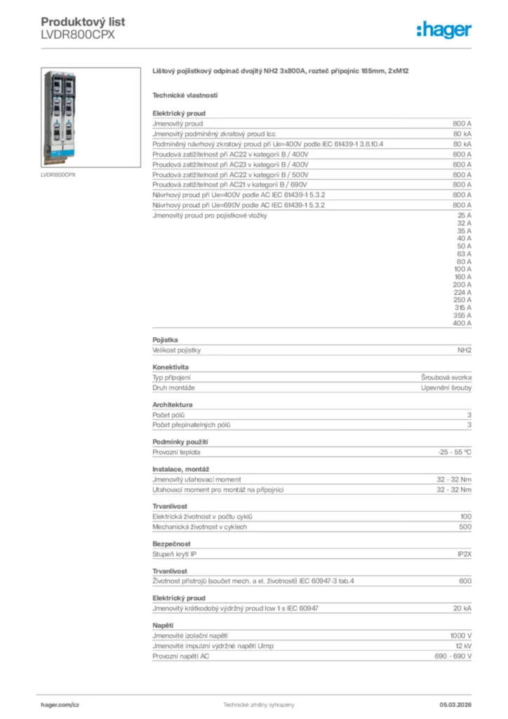Obrázek Hager Product data sheet LVDR800CPX | Hager
