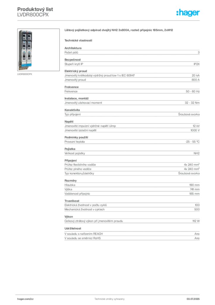Obrázek Hager Produktový list LVDR800CPX | Hager