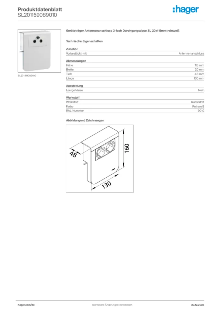 Bild Hager Produktdatenblatt SL201159089010 | Hager Deutschland