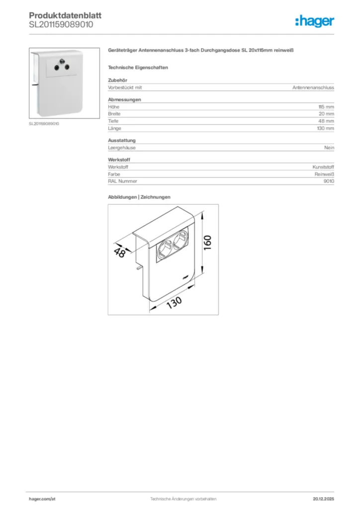 Bild Hager Produktdatenblatt SL201159089010 | Hager Deutschland