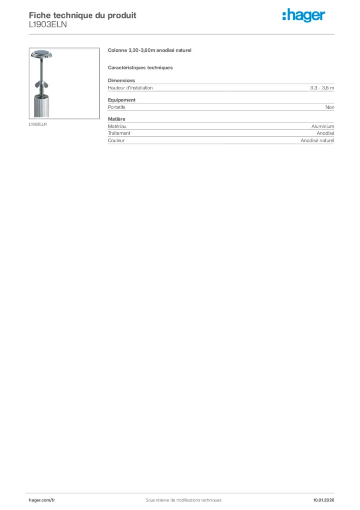 Image Hager Fiche technique du produit L1903ELN | Hager France