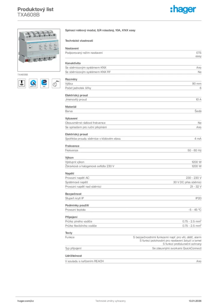 Obrázek Hager Product data sheet TXA608B | Hager
