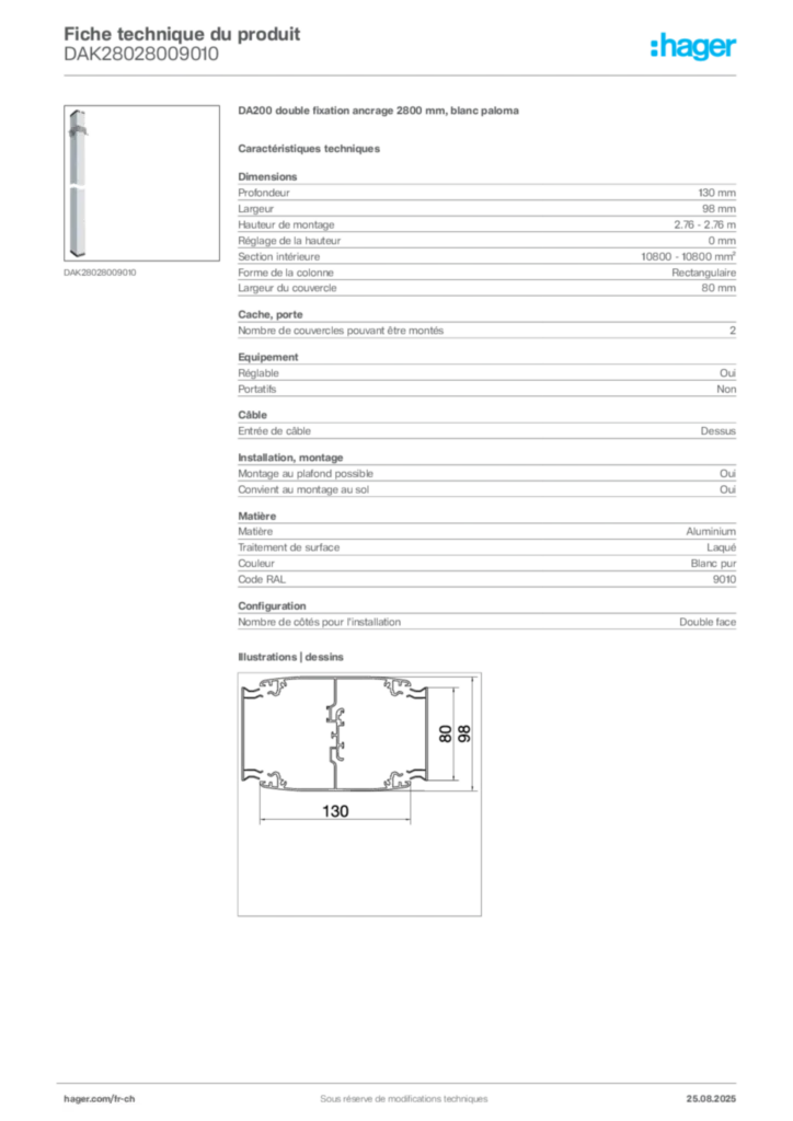 Image Hager Fiche technique du produit DAK28028009010 | Hager Suisse