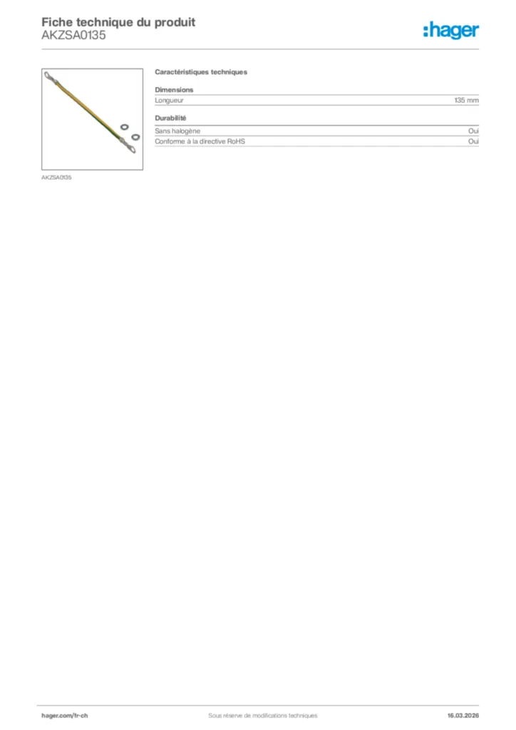 Image Hager Fiche technique du produit AKZSA0135 | Hager Suisse