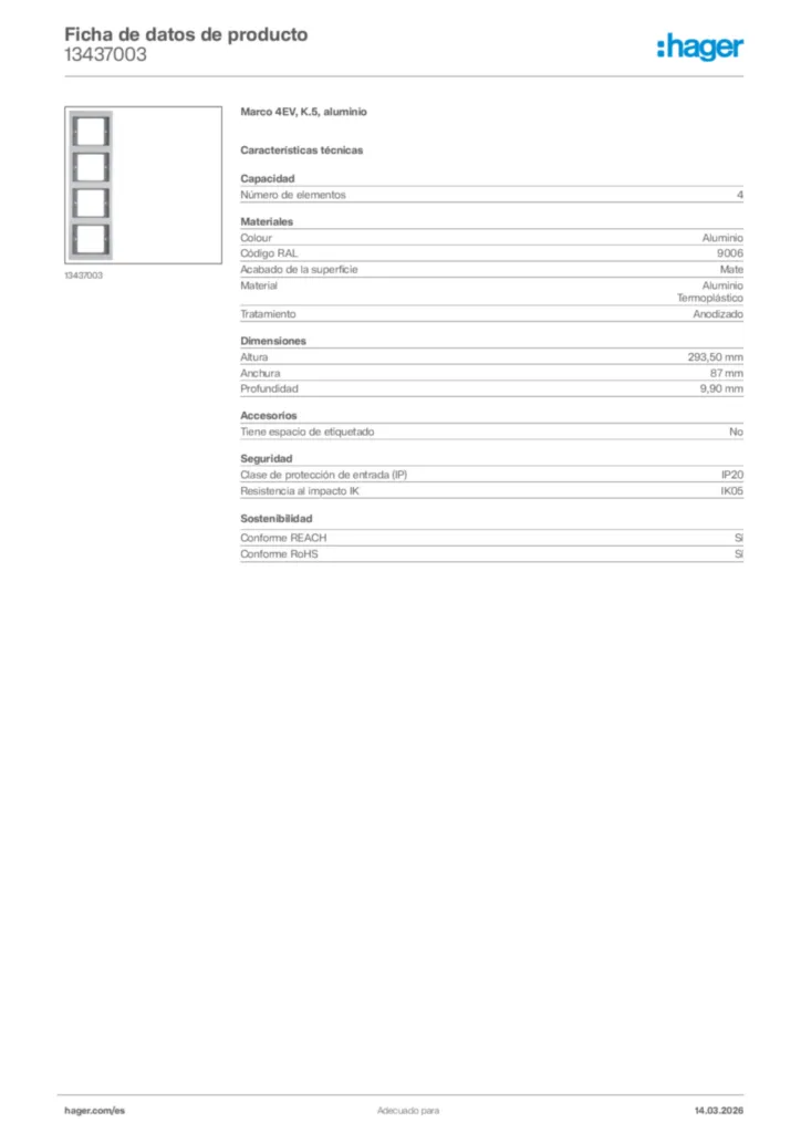 Imagen Hager Ficha de datos de producto 13437003 | Hager España