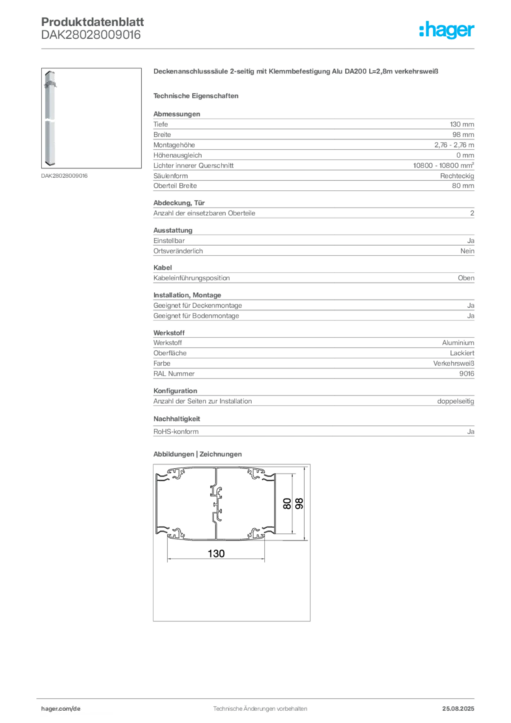 Bild Hager Produktdatenblatt DAK28028009016 | Hager Deutschland