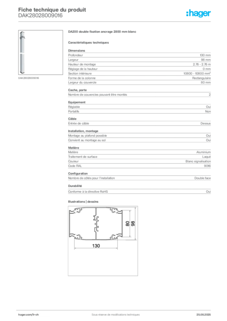 Image Hager Fiche technique du produit DAK28028009016 | Hager Suisse