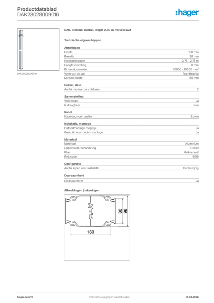 Afbeelding Hager Productdatablad DAK28028009016 | Hager Nederland
