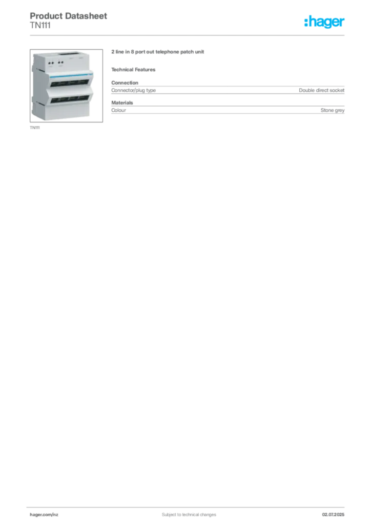 Image Hager Product data sheet TN111  | Hager New Zealand