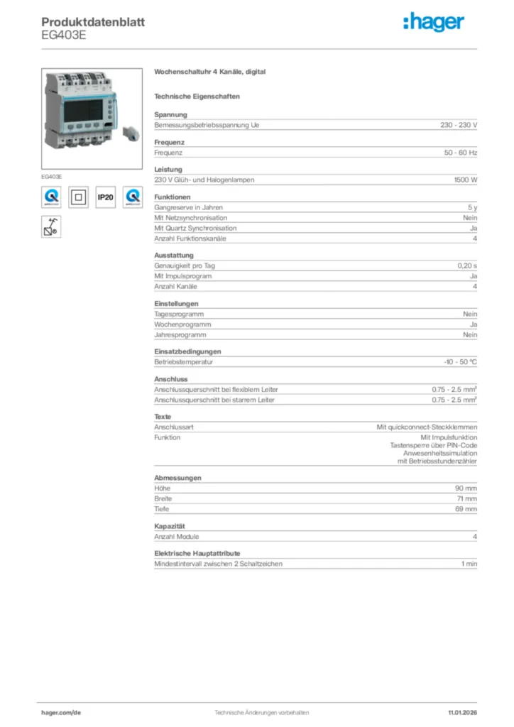 Bild Hager Produktdatenblatt EG403E | Hager Deutschland