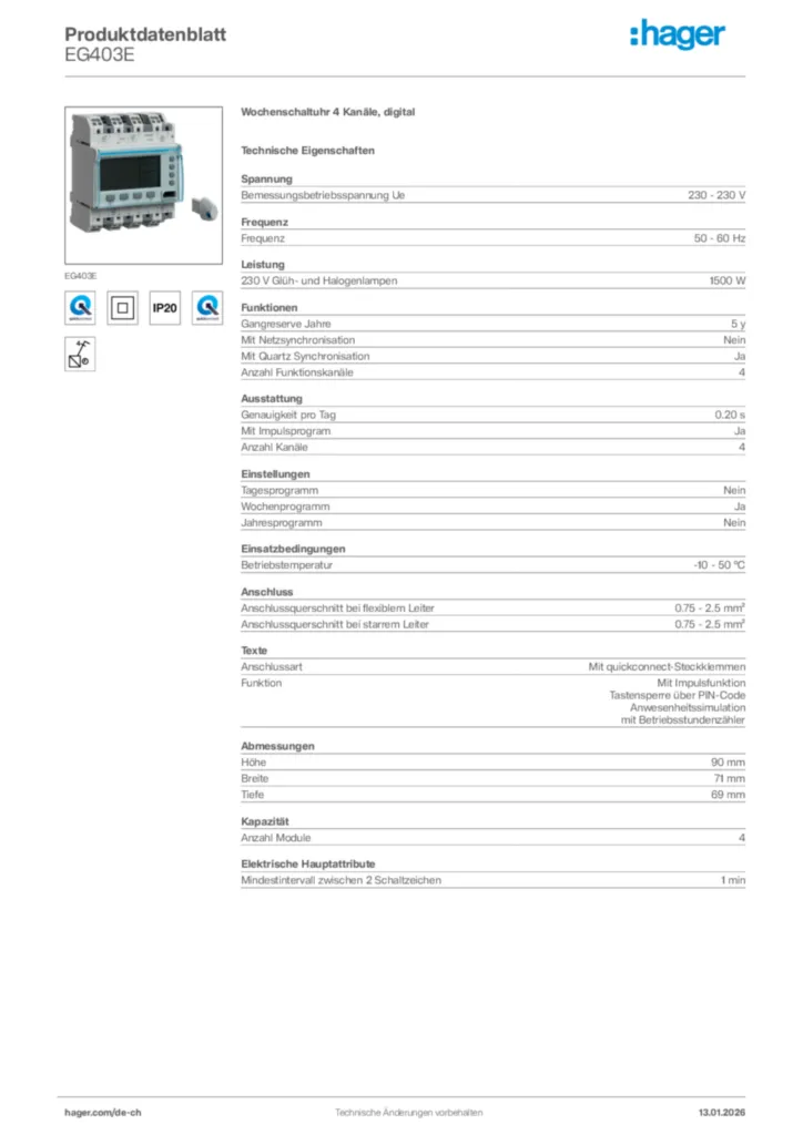 Bild Hager Produktdatenblatt EG403E | Hager Schweiz