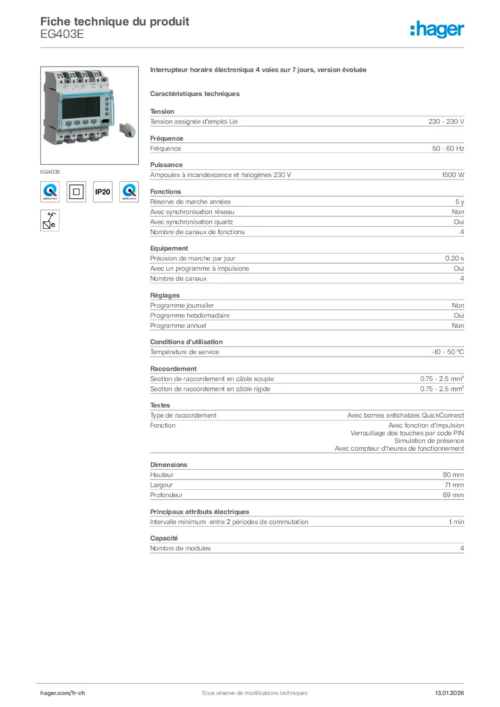 Image Hager Fiche technique du produit EG403E | Hager Suisse