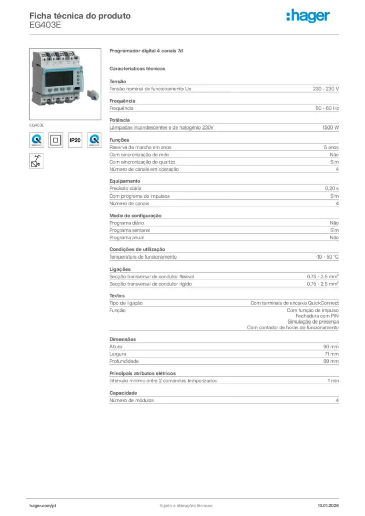 Imagem Hager Ficha técnica do produto EG403E | Hager Portugal