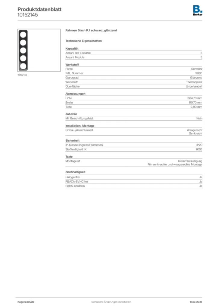 Bild Berker Produktdatenblatt 10152145 | Hager Deutschland