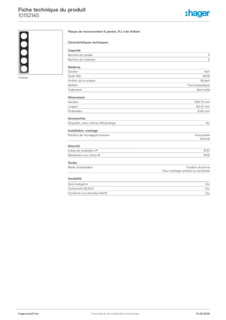 Image Hager Fiche technique du produit 10152145 | Hager Belgique