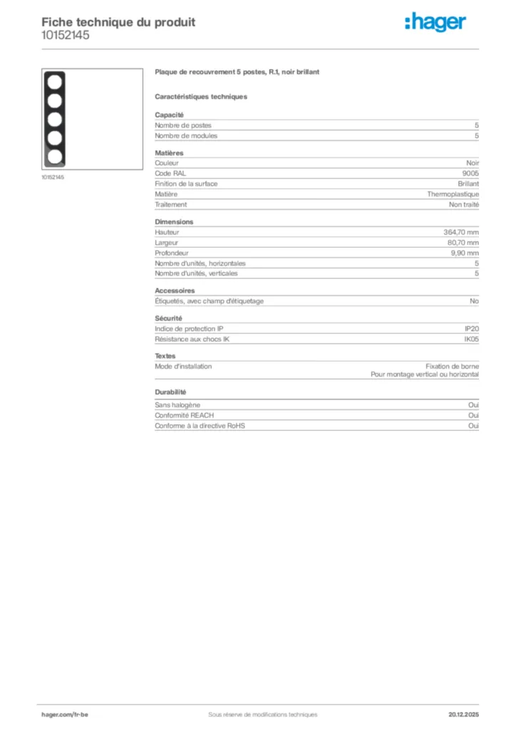 Image Hager Fiche technique du produit 10152145 | Hager Belgique