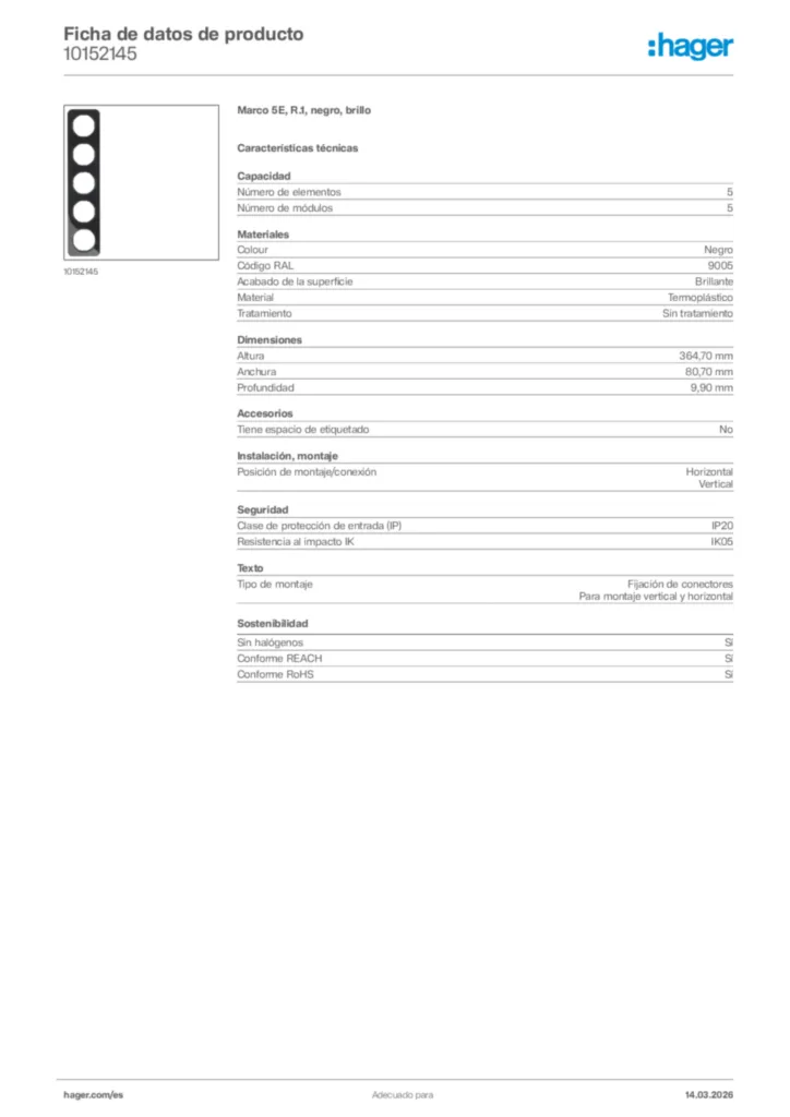 Imagen Hager Ficha de datos de producto 10152145 | Hager España