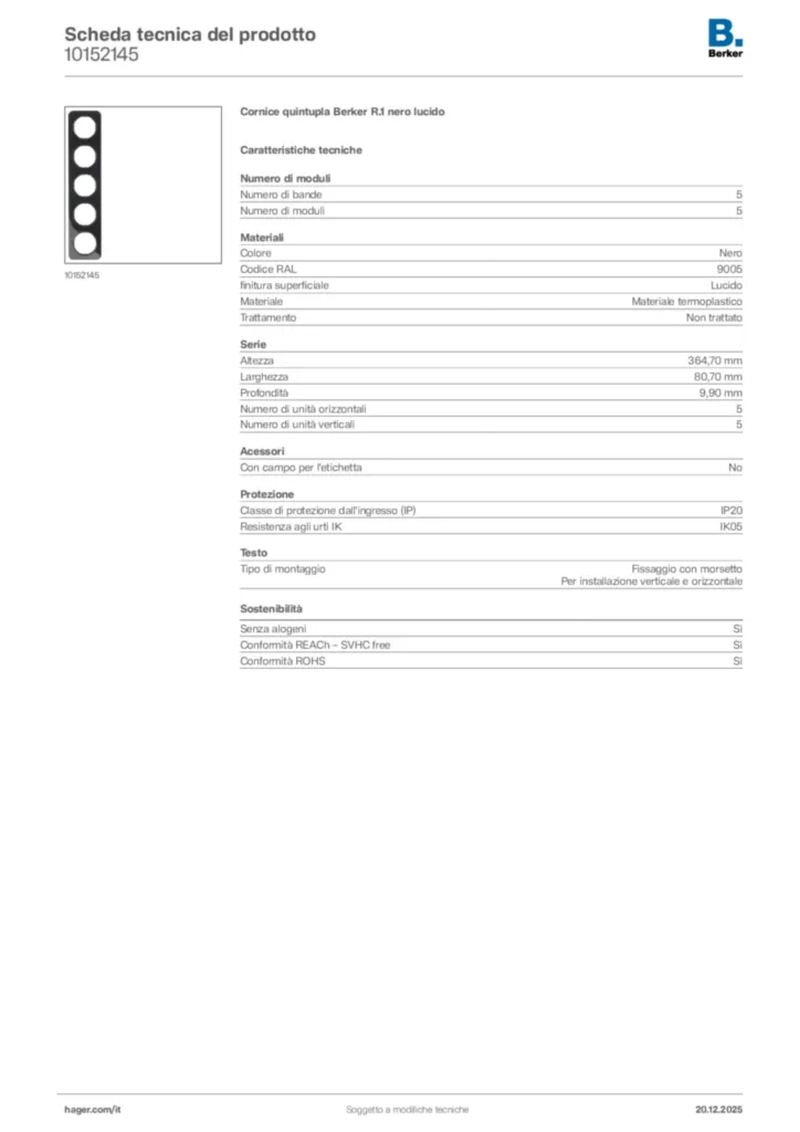 Immagine Berker Scheda tecnica del prodotto 10152145 | Hager Italia