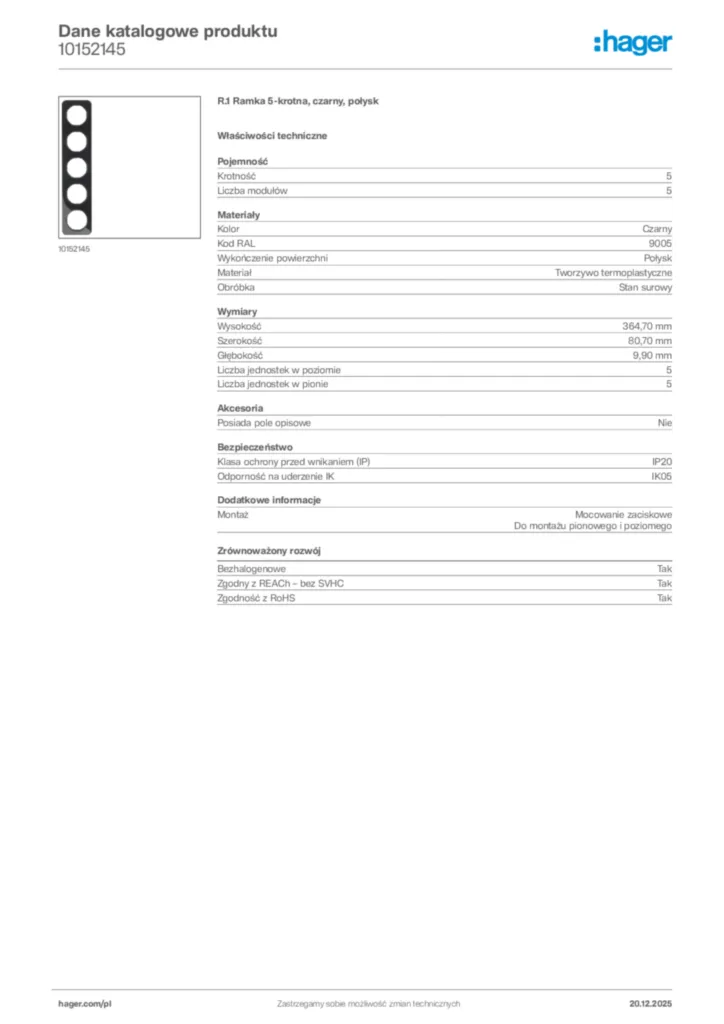 Zdjęcie Hager Dane katalogowe produktu 10152145 | Hager Polska