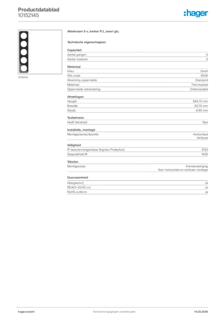 Afbeelding Hager Productdatablad 10152145 | Hager Nederland