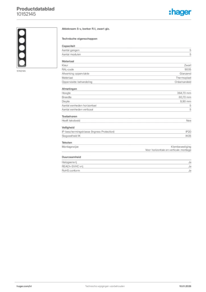Afbeelding Hager Productdatablad 10152145 | Hager Nederland