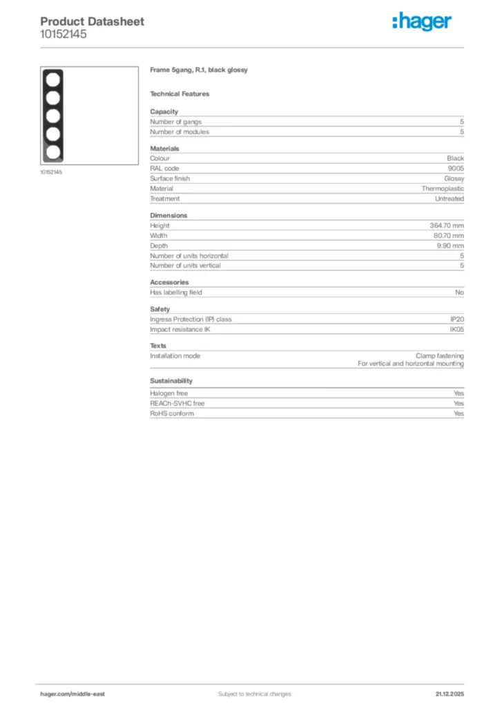 Image Hager Product data sheet 10152145  | Hager