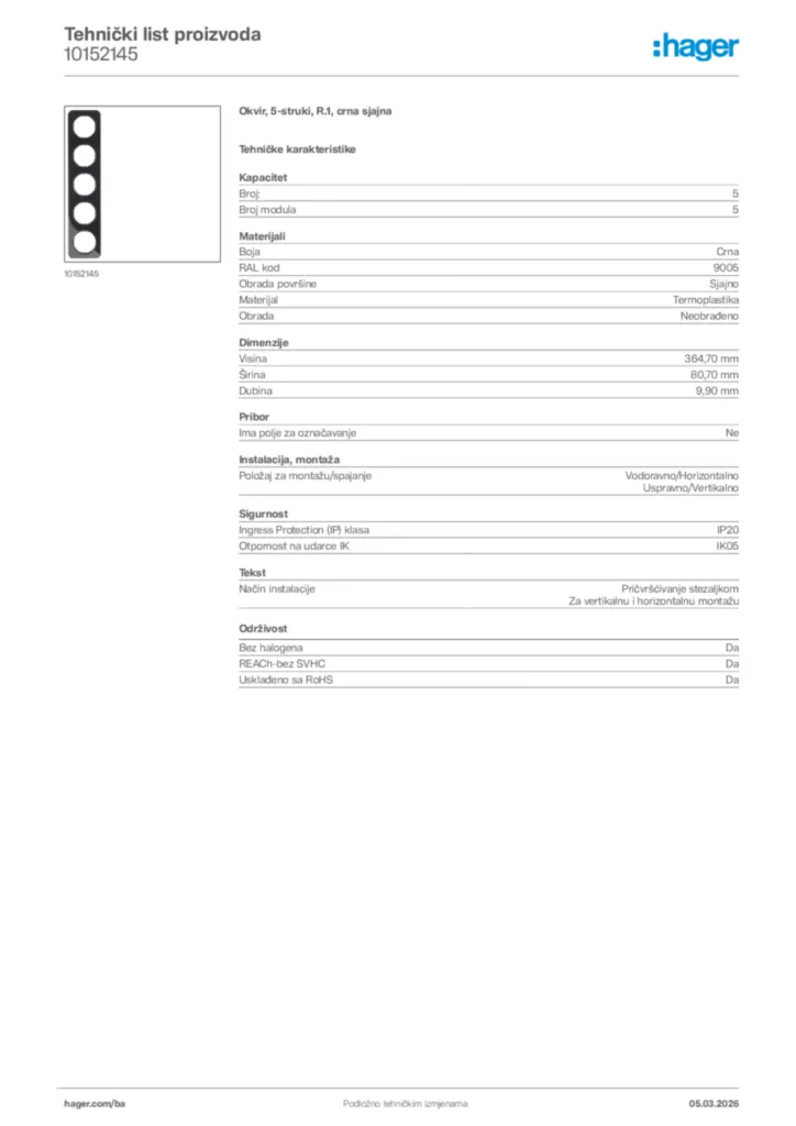 Slika Hager Tehnički list proizvoda 10152145  | Hager