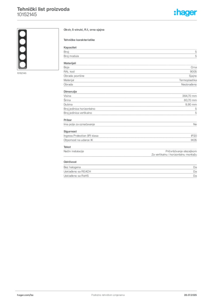 Slika Hager Product data sheet 10152145  | Hager