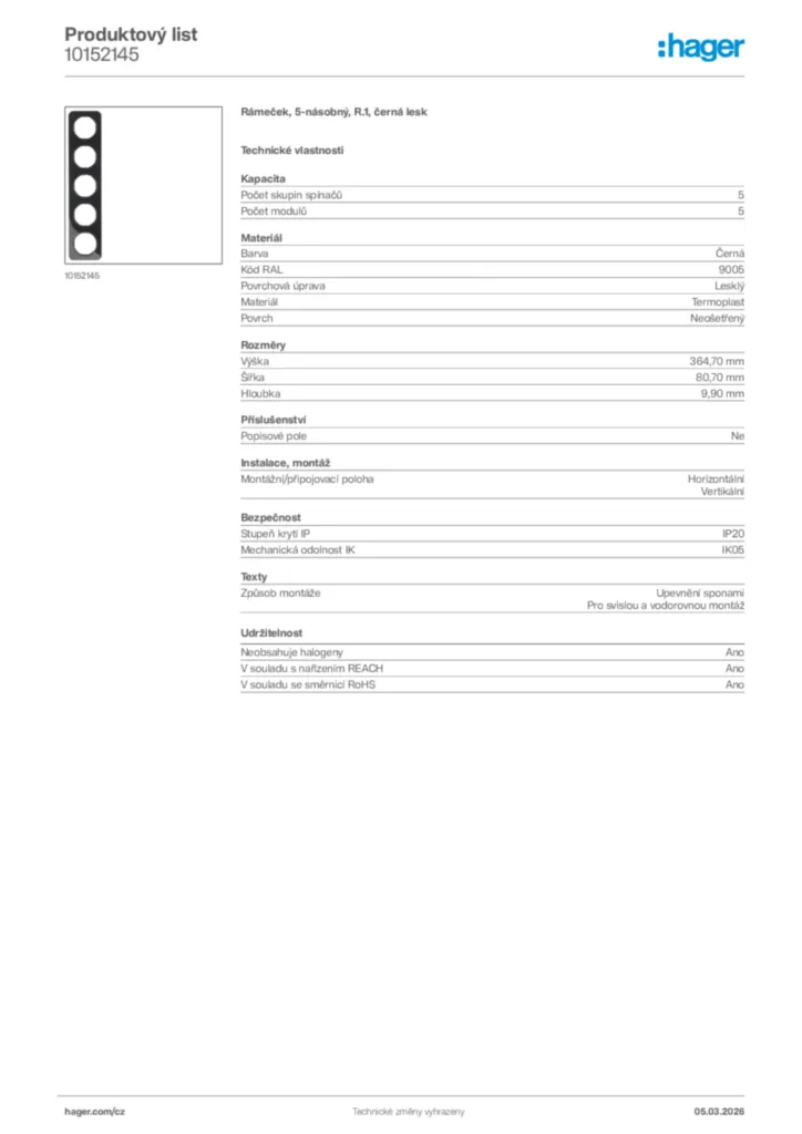 Obrázek Hager Product data sheet 10152145 | Hager