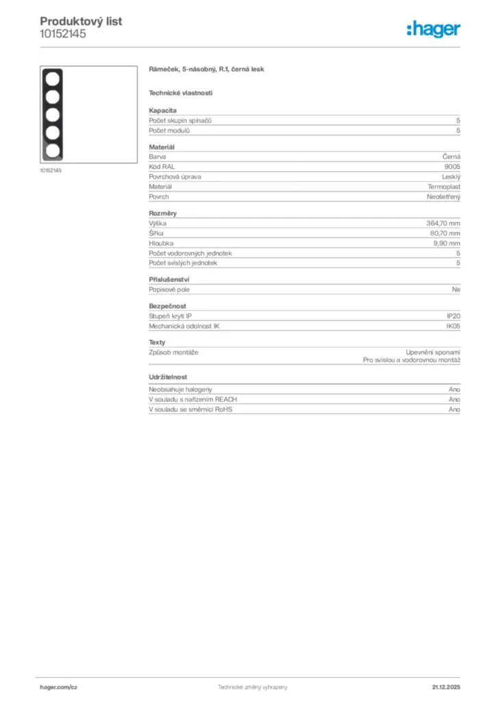 Obrázek Hager Produktový list 10152145 | Hager