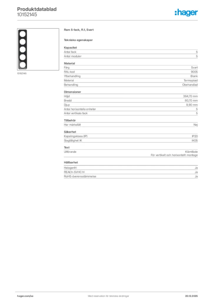 Bild Hager Produktdatablad 10152145 | Hager Sverige