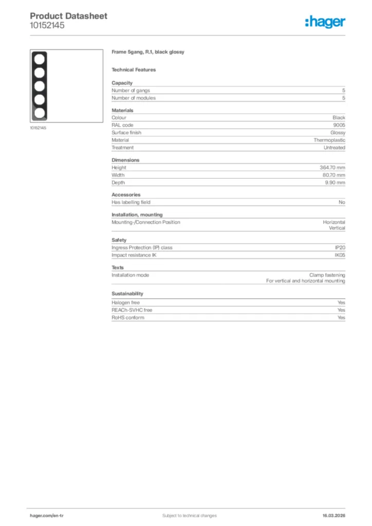 Image Hager Product data sheet 10152145  | Hager
