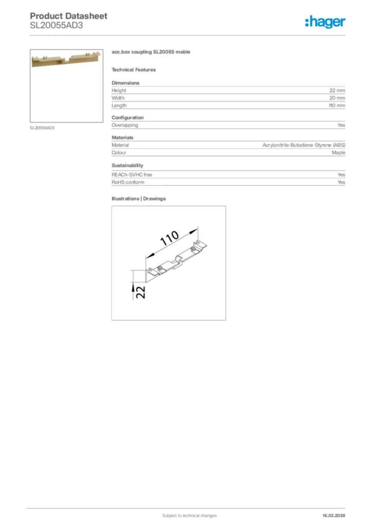 Image Hager Product data sheet SL20055AD3  | Hager Africa