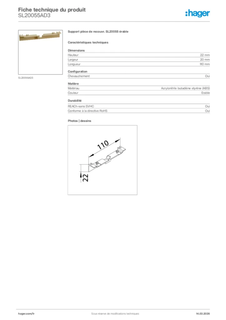 Image Hager Fiche technique du produit SL20055AD3 | Hager France