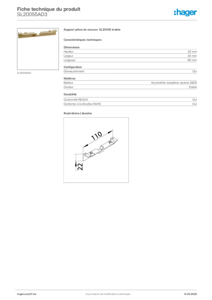 Image Hager Fiche technique du produit SL20055AD3 | Hager Belgique