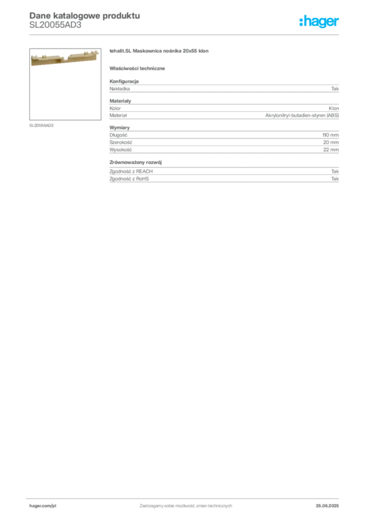 Zdjęcie Hager Dane katalogowe produktu SL20055AD3 | Hager Polska