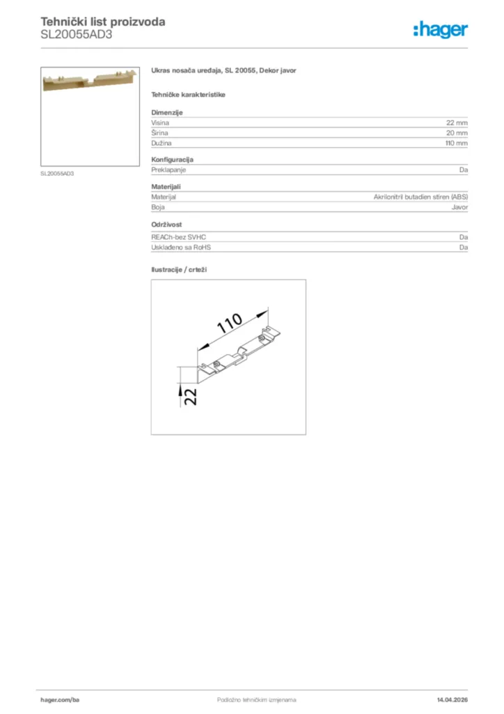 Slika Hager Tehnički list proizvoda SL20055AD3  | Hager