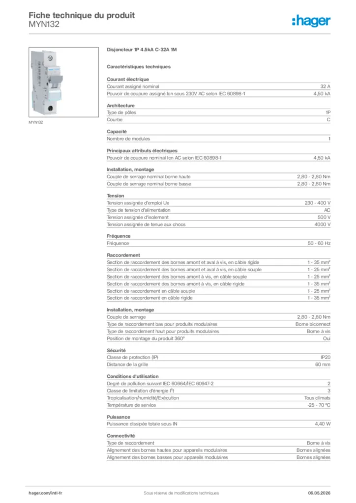 Image Hager Fiche technique du produit MYN132 | Hager Afrique