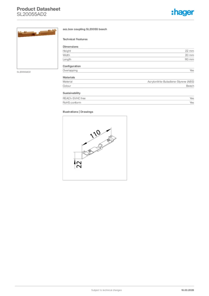 Image Hager Product data sheet SL20055AD2  | Hager Africa