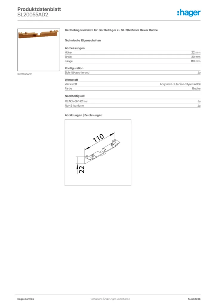 Bild Hager Produktdatenblatt SL20055AD2 | Hager Deutschland
