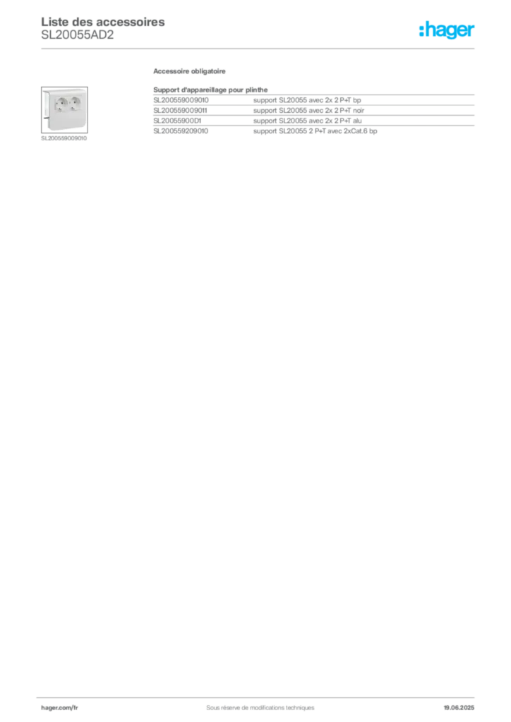 Image Hager Fiche technique du produit SL20055AD2 | Hager France