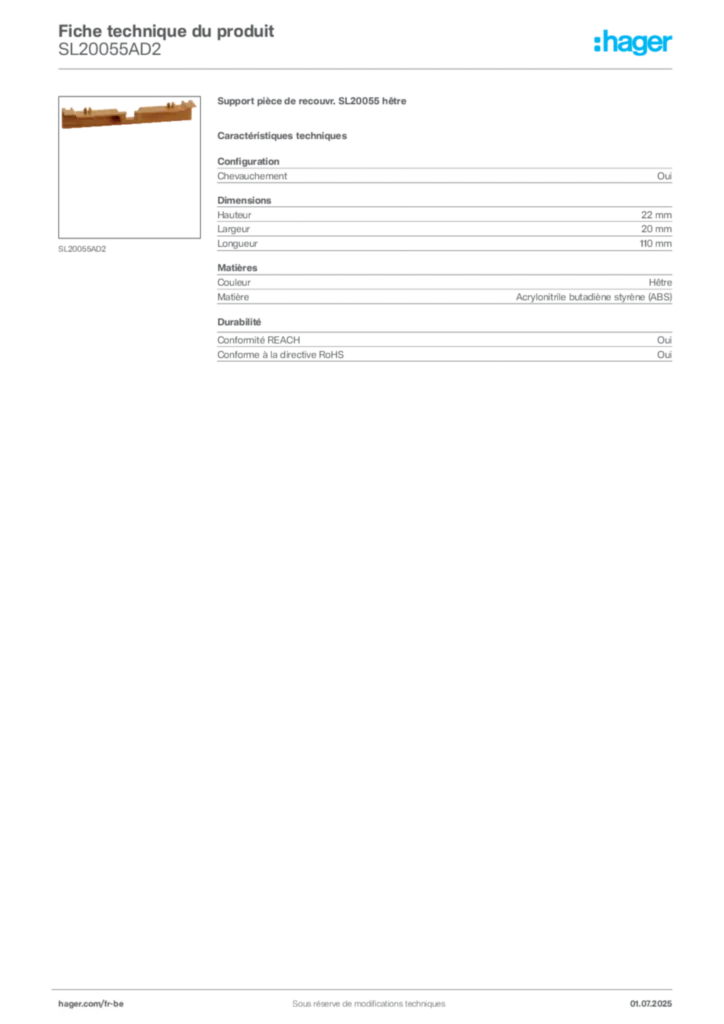 Image Hager Fiche technique du produit SL20055AD2 | Hager Belgique
