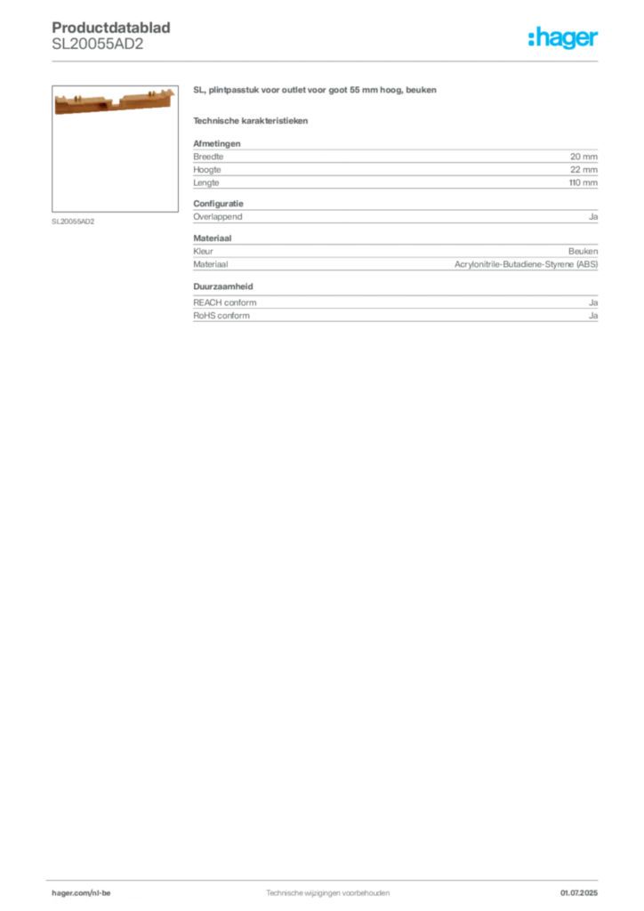 Afbeelding Hager Productdatablad SL20055AD2 | Hager Belgium
