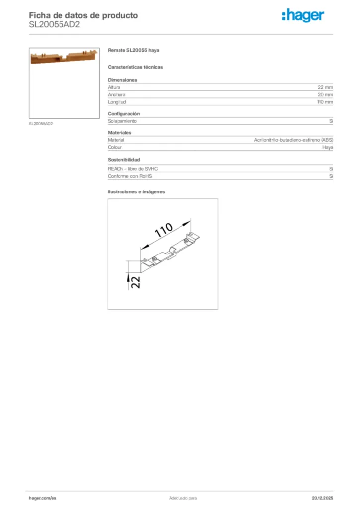 Imagen Hager Ficha de datos de producto SL20055AD2 | Hager España