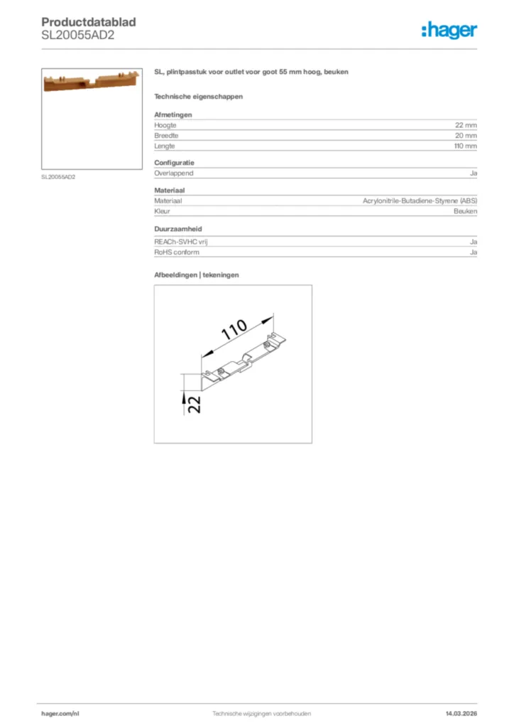 Afbeelding Hager Productdatablad SL20055AD2 | Hager Nederland