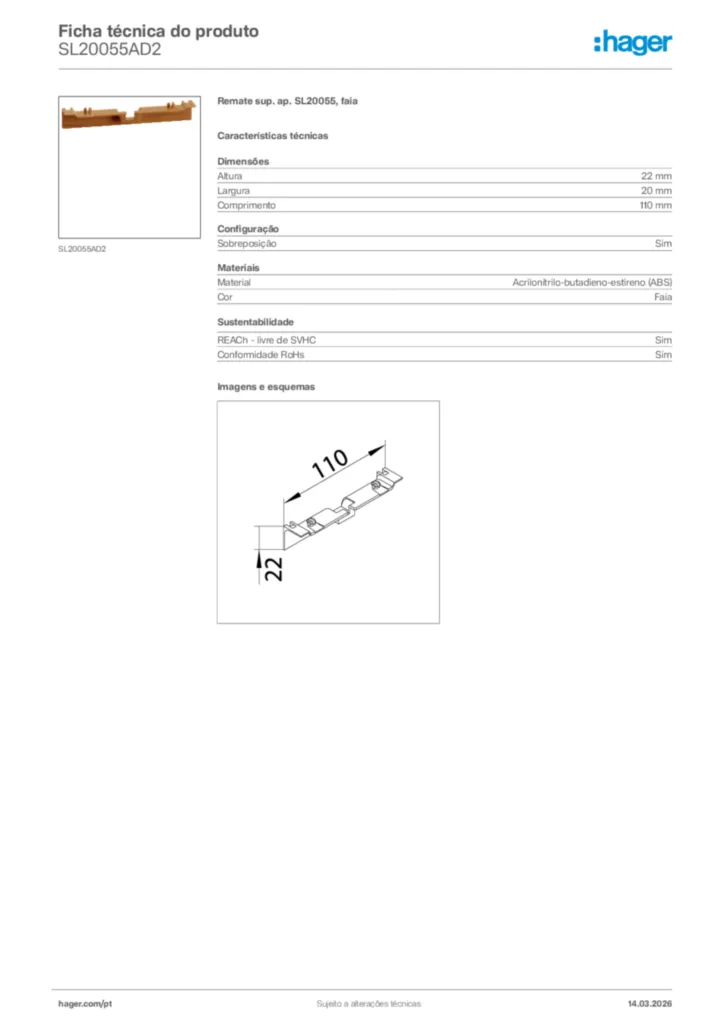 Imagem Hager Ficha técnica do produto SL20055AD2 | Hager Portugal