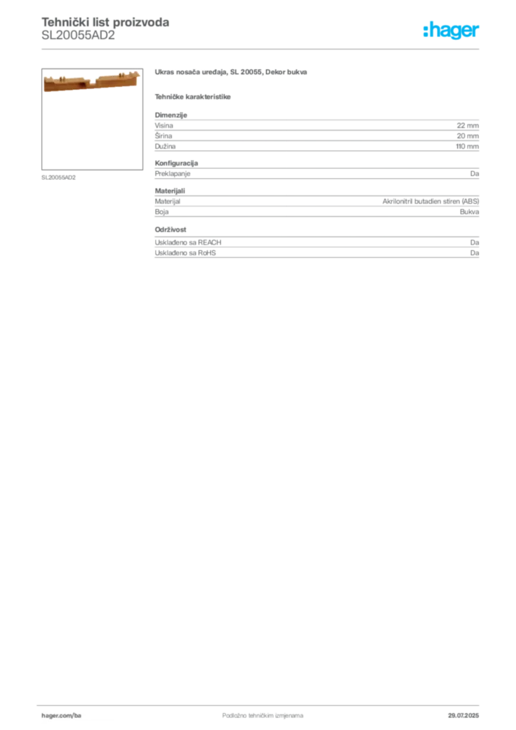 Slika Hager Product data sheet SL20055AD2  | Hager