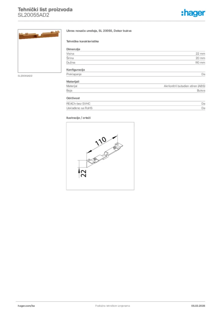 Slika Hager Tehnički list proizvoda SL20055AD2  | Hager