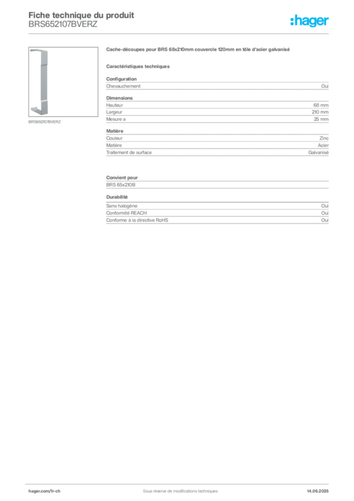 Image Hager Fiche technique du produit BRS652107BVERZ | Hager Suisse